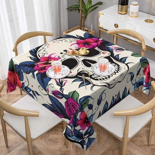Mexpekil Quadratische Tischdecke, Motiv: Totenkopf, Blumenblätter, 140 x 140 cm, waschbar, schmutzabweisend, dekorative Tischdecke für Esstisch, Party