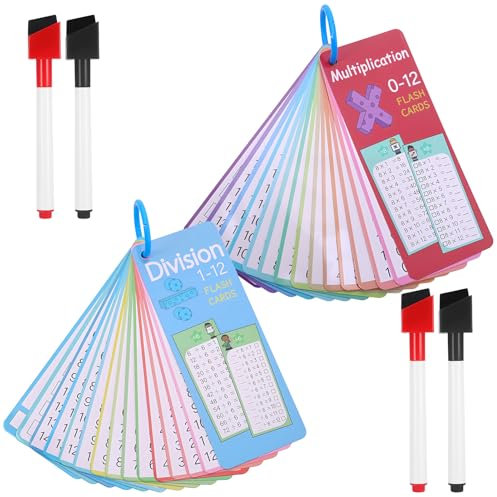2 Pcs Times Table Flash Cards 0-12 Multiplication Chart with 4 Dry Erase Markers for 1st to 3rd Grade Math Game