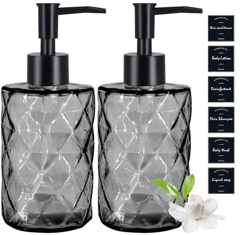 2 Pack Glass Soap Dispensers with Black Label, 330 ML/12Oz Black Hand Soap Dispenser with 304 Rustproof Stainless Steel Pump, Refillable Dispensers Bottle, Lotion Dispensers for Kitchen, Bathroom