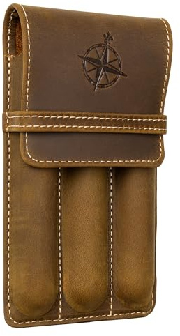 WANDERINGS Vintage Leather 3-Slot Pen Pouch – Handcrafted Brown Pen Case – Individual Leather Pen Sleeves for Fountain Pens, Rollers & Ballpoints – Pen Holder for Men and Women – 3.4×6×0.8″