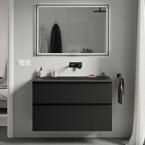 BERNSTEIN - Waschtisch zum Aufhängen, Badezimmer, MDF, Schwarz, matt, Mineralguss, Schwarz, matt, ohne Hahnloch, Metallgriff, Anthrazit, matt, 80 x 46 x 62 cm – LAVOA