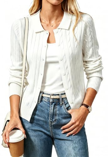 YUNDAI Womens Polo Neck Long Sleeve Button Down Lightweight Knit Cardigan | Soft knit polo collar cardigan with cable texture, lightweight button front, great for daily casual wear and outer layering