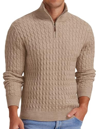 QIXING Mens Quarter Zip Jumper Cable Knit Mock Neck Thick Soft Jumper 1/4 Zip Casual Winter Knitted Pullover with Ribbed Edge