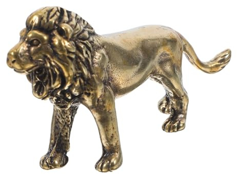 Garneck Löwenfigur aus Messing, 6,3 cm Vintage Mini-Statue für Büro, Regal | Goldfarbene Tierfigur, Löwenfigur im Antikstil, kompakte Skulptur für Bücherregal, Vitrine und Fensterbank