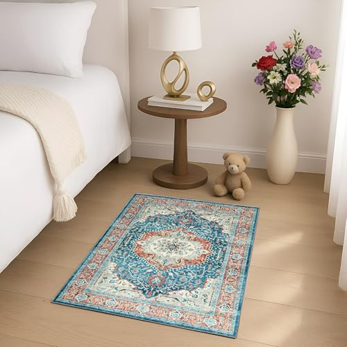 MOONLIGHT20015 Washable Small Bedside Rug 40x60cm - Soft Short Pile Abstract Area Rugs For Bedroom Entrway Non Slip Floor Carpet Traditional Vintage Cashmere Door Mat For Kitchen Bathroom, Regal