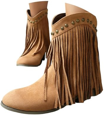 FGUUTYM Stivali da donna vintage con frange occidentali con tacco a blocco, classici da cowboy, stivaletti da donna a mezza altezza, marrone, 35 cm EU