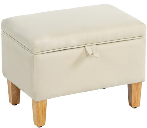 HOMCOM 16L Linen Storage Ottoman Padded Footstool with Rubberwood Legs for Storage Box, Bed End, Shoe Bench, Seating, Beige