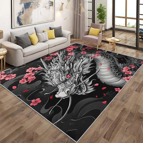 Generisch Teppich Wohnzimmer Japanisch Drachen, Fantasy Tiere Kirschblüten Teppich Kinderzimmer rutschfest Flanell, Bettvorleger Kurzflor Waschbarer Schlafzimmer, Kinderteppich 120x180cm