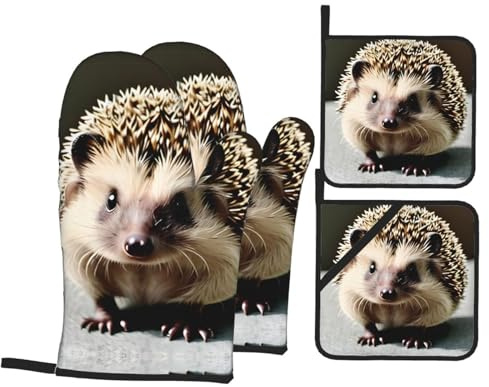 4 guanti da forno da cucina stampati con simpatico riccio, resistenti alle alte temperature, ideali per cucinare, cuocere al forno, grigliare