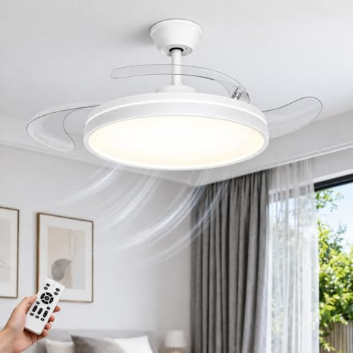 OUTON Ventilatore da Soffitto con Luce 106 cm, Pale Retrattili, Telecomando, Motore DC Silenzioso, 6 Velocità, 3 Temperature di Colore, Reversibile, per Camera da Letto, Soggiorno e Cucina, Bianco