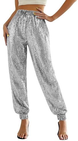 EMATOP Glitzer Hose Damen Elegant Lang Pailettenhose Hohe Taille Palazzo Hosen Vintage Pailletten Jogginghose Elastische Taille Glitzerhosen Lässig Baggy Haremshose Freizeithose Party Club Kostüm