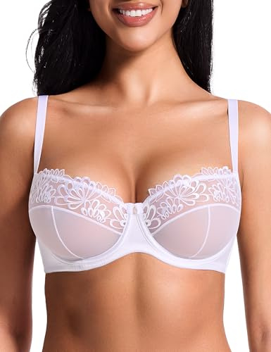 Deyllo Women's Lace Sheer Mesh Underwired Balconette Sexy Bra