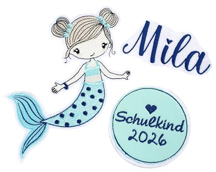 Generisch Patch/Applikation/Aufnäher/Bügelbild/Schultüte Meerjungfrau Set 3 Teilig Mädchen Filz Handmade gestickt mit Name