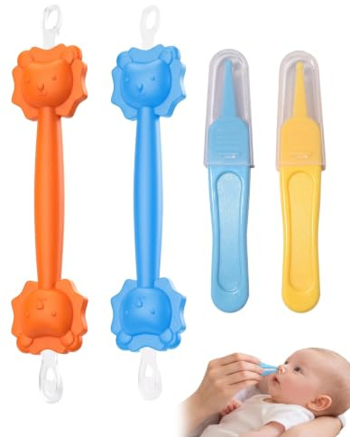 LEPJOS Set Pulizia Naso Neonato 4 Pezzi, 2 Bastoncini Leone e 2 Pinzette Silicone, Strumento Delicato per Rimozione Caccole e Cerume, Ideale per Igiene e Lavaggi Nasali Quotidiani