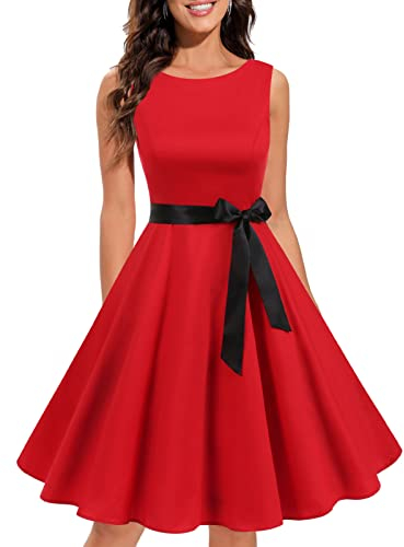 Robe Noël Femme Grande Taille de Soirée Cocktail Vintage Femme Années 40 50 60 Pin up Style Audrey Hepburn Rockabilly Swing Col Rond sans Manche Red 3XL