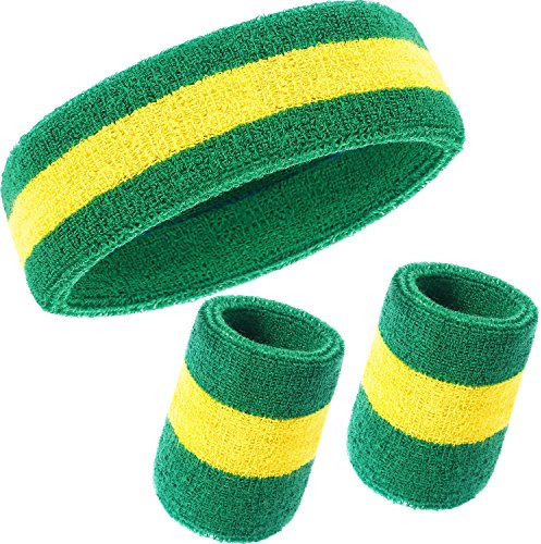 WILLBOND Schweißband-Set, 3-teilig, inkl. Sport-Stirnband und Handgelenk-Schweißbänder aus Baumwolle für sportliche Männer und Frauen, Grün / Gelb