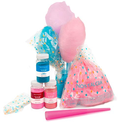 Nostalgia FSCC8 Cotton Candy Kit Pink Vanilla, Blue Raspberry, Strawberry Flossing Sugars, Includes 10 Reusable Cones and Twist Ties-Perfect for Birthdays, Holidays, and Parties, Plastic, Multi