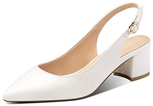 elashe Escarpins Femmes Mignon à Petit Talon Moyen Bloc et Bride Cheville avec Boucle Matt-Blanc EU40