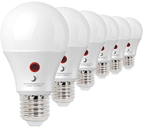 SINCELIGHT Dusk to Dawn LED Light Bulb 9W with Dual Photocell Sensors, ON/Off Automatic Depends on the Daylight Level, Outdoor Night Light from Dusk Till Dawn, Security Bulbs, Warm White 3000K, 6 Pack