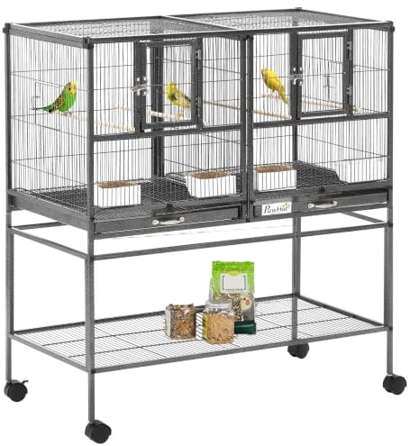 PawHut Divided Breeder Bird Cage with Rolling Stand Removable Metal Tray, Storage Shelf, Wood Perch, and Food Container