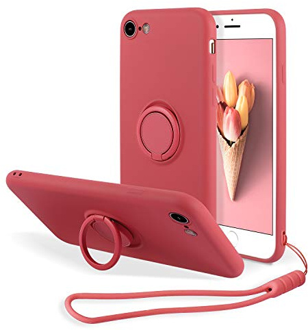 UEEBAI Silicone Coque avec Ring pour iPhone 7 Plus/iPhone 8 Plus, Etui Fin et léger Absorption des Chocs Housse Mince avec Bague 360 Degrés Rotation Stand Protection Cover Bumper Case, Rose Rouge