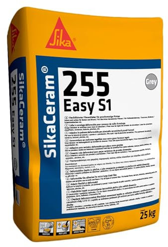 Sika - SikaCeram-255 Easy S1, Grigio - Colla in polvere per piastrelle ceramiche di grandi formati - Consistenza cremosa - Deformabile - 25kg