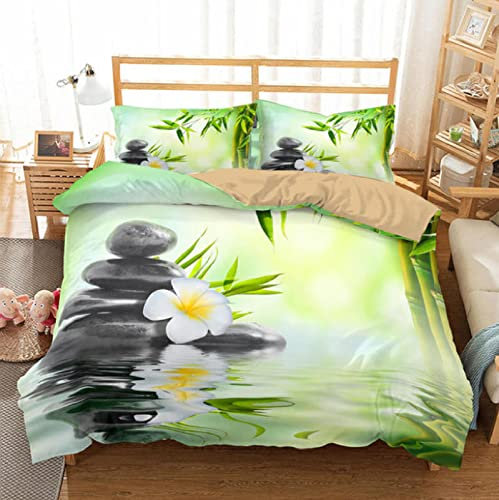 Housse de Couette 220 X240 Pierre Zen Fleur de Bambou:Housse de Couette 3 Pièces Ensemble, Literie 3D avec 2 Pillow Shams Ultra Soft Easy Care- 220X240