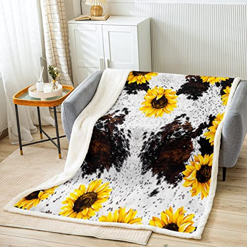 Sonnenblume Kuhfell Decke für Kabinendekoration,Jungen Highland Kuh Tierhaut Fleecedecke,Mädchen Gelbe Blumen Sherpa Plüschdecke,Wildtier Bauernhaus Kuhfell Fuzzy Flanelldecke,130x150