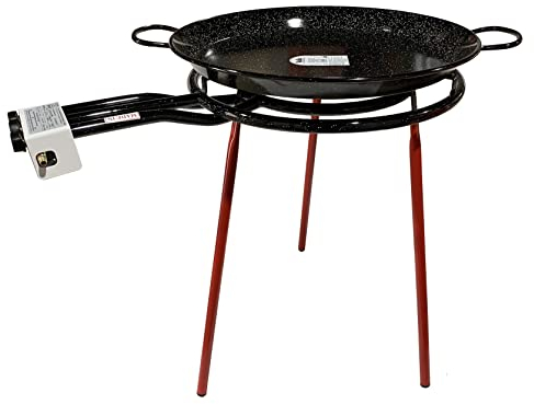 FERRETERIA LEPANTO Kit Paellero, Quemador a Gas butano, paellera esmaltada, regulador de Gas + 1,5 metros de Manguera, soporte de 3 Patas reforzadas (70)