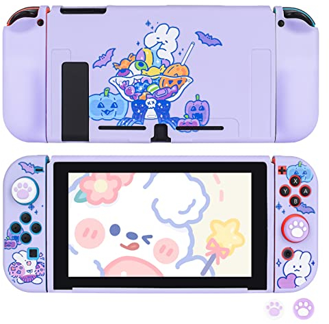 DLseego Schutzhülle Kompatibel mit Switch, Andockbare TPU-Abdeckung mit 4 Niedlichen Daumengriffkappen, Zubehör für Kratzfestes und Stoßdämpfendes Design für Switch 2017- Lila Kaninchen