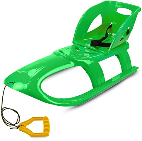Prime Garden® MOTOSLITTA Premio Kinderschlitten Schlitten Kunststoffschlitten für Kinder mit Zugseil Metallkufen Lehne (Grün)