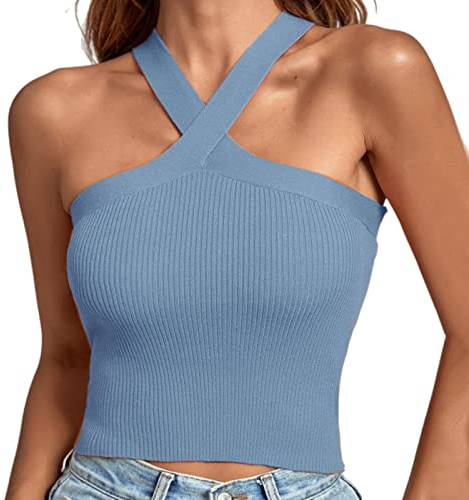 Damen Sexy Criss Cross Neckholder Crop Top Y2k Gestrickt Camisole Ärmellose Trägertop Corset Top Rückenfrei Wrap Tank Top Sommer Kurz Bauchfrei Weste Skinny Stil (Hellblau, M)