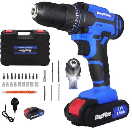 21V Cordless Combi Drill Set Electric Impact Driver Screwdriver, 1.5AH Battery&Fast Charger, Safety Lock 3/8 Chuck, 25+1 Torque Setting, 2 Speed, 26pcs Drill Bits, Hammer Drill with LED &Carry Case