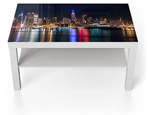DEQORI Glastisch | weiß groß 90x50 cm | Motiv Chicago bei Nacht | ausgefallener Beistelltisch aus Glas | Hochglanz Couchtisch fürs Wohnzimmer | moderner Couch Tisch mit Design