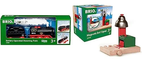 BRIO World 33884 Batterie-Dampflok mit Wassertank & World 33754 Magnetisches Glockensignal - Eisenbahnzubehör Holzeisenbahn - Kleinkinderspielzeug empfohlen für Kinder ab 3 Jahren