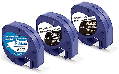 3 X Band Kompatible zum Dymo Letratag Tape 12mm x 3m als Ersatz für Dymo LetraTag Plastic Black Kunststoff für LT110T LT100H LT100T QX50 XR XM 2000 Plus