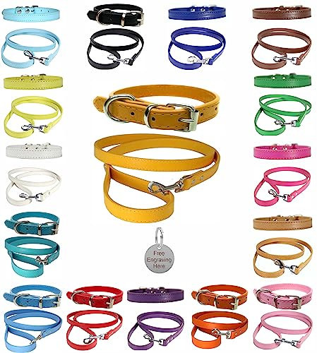 Vibrant Leather Dog Collar & Lead Combo Set for Puppy, Dogs Small, Medium & Large With Personalised Engraved Round Silver Pet Tag (Small (27cm - 33cm Neck), Bright Gold)
