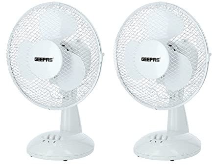 GEEPAS 9-Inch Table Fan - 25W Electric Portable Desktop Cooling Fan for Desk Home or Office Use - 2 Speed Settings with Oscillating/Rotating and Static Feature - 2 Year Warranty, Pack of 2