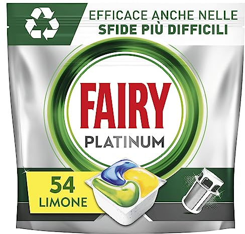 Fairy Platinum Detersivo Pastiglie Lavastoviglie, Brillantante, 54 Capsule Lavastoviglie, Limone, con Sistema Di Prelavaggio Integrato, Efficace nelle Sfide Difficili Contro lo Sporco