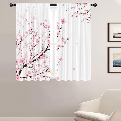 Coxila Lot de 2 rideaux de fenêtre à motif fleurs de cerisier pour chambre à coucher, 106,7 x 160 cm, rose et blanc avec passe-tringle – Motif floral japonais, printemps et fille – Motif Sakura