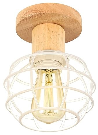 LIGKIN Vintage Lampe Deckenleuchte Hängelampe, E27 Holz Lampenschirm Deckenlampe, Ø13,5CM Rustikal Industrielle Deckenleuchten für Schlafzimmer Wohnzimmer Flur Korridor(Weiß)