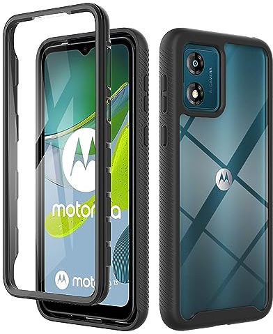 ESTH® Hülle für Motorola Moto E13 360 Grad Vollschutz Handyhülle Stoßfest Kratzfeste Staubdicht Klar Case Outdoor Panzerhülle mit Displayschutz und PC Bumper, Schwarz