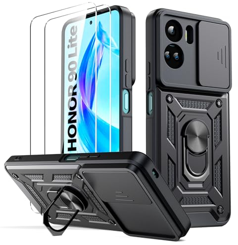 Vansdon - Coque pour Honor 90 Lite 5G, [2 Protecteur Verre Trempé] avec Couvercle Coulissant de Caméra, Support d’Anneau Rotatif, Coque de Protection Antichoc Anti-Rayures - Noir
