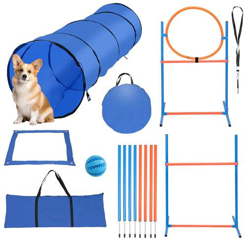 Gimisgu Agility Set Hunde groß, Agility-Ausrüstungs-Set für Hunde, Hundetraining zubehör Agility Hürde, Sprungring, Hundetunnel, 8 Slalomstangen, Ball, Pfeife, Perfekt für den Park, Garten