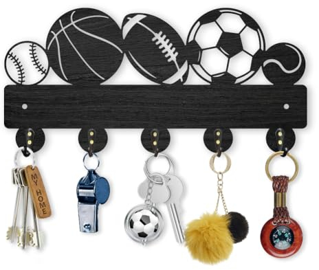 MAYJOYDIY Holz Schlüsselhalter für Sport Basketball Fußball Wandmontage Tennis Baseball Rugby Wandhaken 30 x 14,4 cm, 5 Haken aus Legierung Schlüsselbrett für Eingangsbereich Flur Küche
