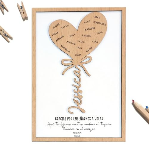 Regalo original para maestras | Regalos Profesores Profes | Placa corazón globo personalizada nombres | Regalar a seño, maestro, profe | Frase y nombres alumnos para fin de curso| Lulamuk