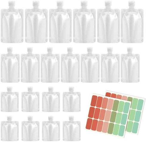 21 Stücke Reiseflaschen Set, 30/50/100ml Nachfüllbare Leere Quetschbeutel, Transparente Clamshell Verpackungsbeutel Auslaufsichere, für Reisen, Camps, Geschäftsreisen (Stil 1)