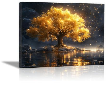 JOSUE Tableau Arbre De Vie Arbre de rivière abstrait Tableau chambre ado Toile,Or noir Tableau Decoration Murale Salon Chambre- 75x115cm Encadrée