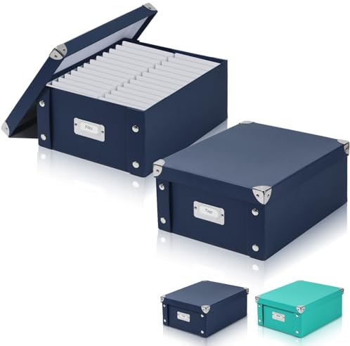 DLUGOPIS 2 Pcs Inch Checks Storage Box with Lid Document Boxes Document Bin Banker Boxes Foldable Receipt Box Storage Navy Blue Cardboard Record Boxes For Business Pesonal Books Files 12x10x5