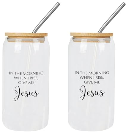 Yelolyio Niedliche Glasbecher mit Deckel und Strohhalmen in The Morning When I Rise, Give Me Jesus, Glasbecher, Trinkgläser, Happy Mother's Day, ideal für Mojito, Limonade, Eiskaffee, 2 Stück